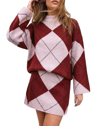 Cicy Bell Women Argyle Sweater Skirt Sets 2 Piece Outfits Plaid Knit Skirts | Mock Neck Tops And Mini Skirt Matching Outfits,Patterned Knit, Loose Fit, Long Sleeve, Fall Winter Two Piece Outfits