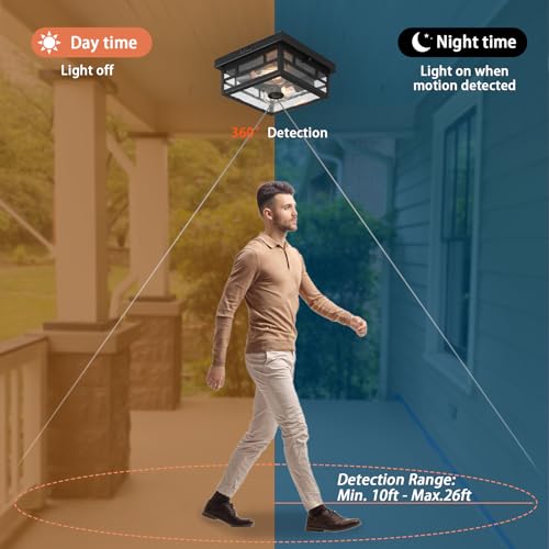 CALOKES Outdoor Flush Mount Motion Sensor Ceiling Light - Timeless Industrial Design with Seeded Clear Glass for Your Porch, Driveway, Covered Patio, Farmhouse, and Entryway by CALOKES - Image 2