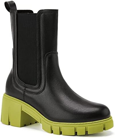 TINSTREE Slip on Boots Platform, Women's Lug Sole Platform Boots Mid Calf Elastic Chunky Block Heel Leather Chelsea Booties Green Black,07