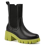 TINSTREE Chunky Boots for Women, Women's Lug Sole Platform Boots Mid Calf Elastic Chunky Block Heel Leather Chelsea Booties Green Black,8.5