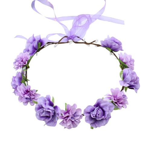 Couronne de fleurs réglable pour mariée - Couronne de fleurs bohème - Couronne de cheveux pour mariage - Couronne de cheveux avec ruban pour femme et fille...