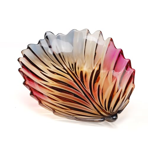Puremagics Creative Colorful Hand Painted Crystal Glass Leaf-Shaped Decorative Bowl -12.2 inch Diameter Fruit Display & Kitchen Table Centerpiece.