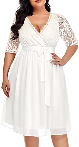Pinup Fashion Plus Size Lace Chiffon Wrap V Neck Dresses Women Cocktail Wedding Guest Midi Dress