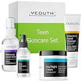 YEOUTH Skin Care Set: Hyaluronic Acid Serum, Vitamin C Cleanser, Toner & Face Cream, Teen Skincare Kit Girls & Boys 4-Piece Beauty Gifts