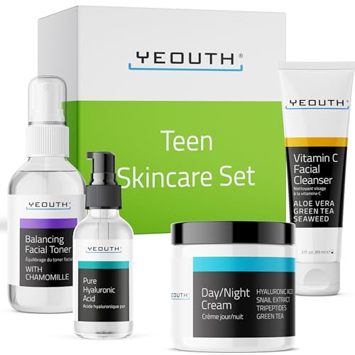 YEOUTH Teen Skin Kit Starter Set - Anti Aging Beauty Essentials - Vitamin C Facial Cleanser - Balancing Facial Toner for Face - Pure Hyaluronic Acid Serum - Day and Night Snail Cream Moisturizer