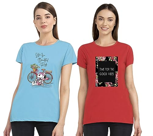 Image of Combo Women's T-Shirts, Cotton Half Sleeves Round-Neck Printed T-Shirt for Girls, & Women Tees (Pack of 2) 960-980-