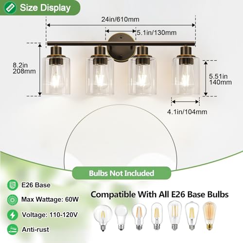 4-Light Bathroom Light Fixtures, Brown and Gold Modern Vanity Lights Over Mirror with Clear Glass Shade, Bathroom Wall Lamp for Mirror Kitchen Living Room Hallway Cabinet Porch Bedroom Reading room by Zarbitta - Used condition - Image 7