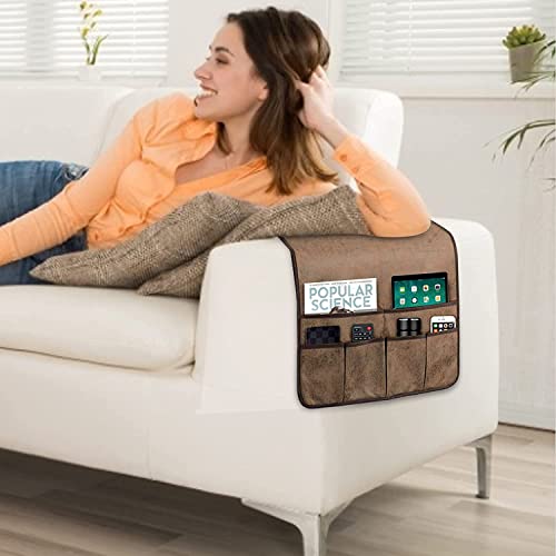HAOMAIJIA Anti Slip Sofa Armrest Organizer Arm Chair Bedside Caddy Storage Organizer For Recliner Couch With 6 Pockets For Cell Phone Tv Remote Control Magazines (brown) - Thumbnail 2
