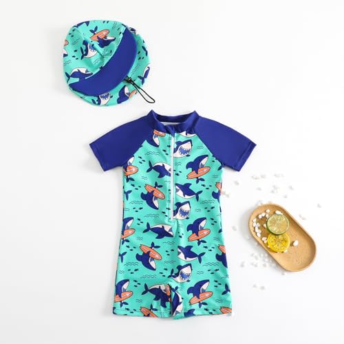Kids Rash Guard Swimming Bathing Suit Boys Girls Cartoo𝐧 Print Rashguard & Sun Hat Kids One-𝐏iece Swimsuits2