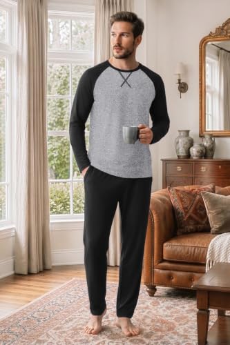 Ekouaer Mens Pajama Set Long Sleeve PJs Lightweight Sleepwear with Pockets - image 3