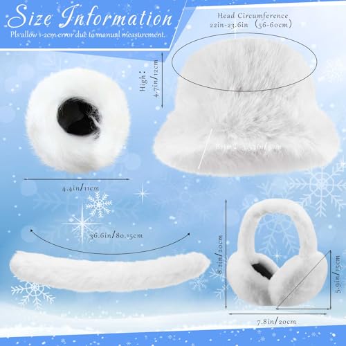 Winter Faux Fur Collar Scarf Wrap Winter Fuzzy Bucket Hat Ear Muffs Foldable Faux Fur Wrist Cuffs Set for Women2
