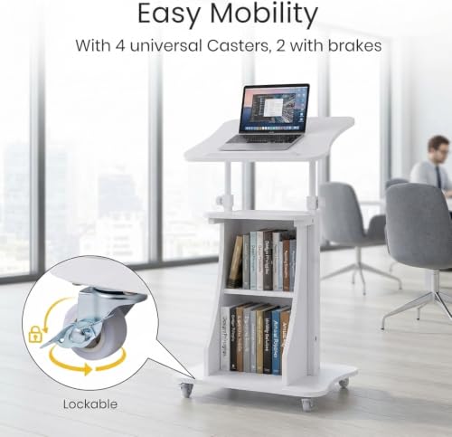 Image of POWERSTONE 2PCS Sit to Stand Mobile Lectern Teacher Podium Portable Height Adjustable Podium Stand Rolling Laptop Desk Cart with Storage Shelf Swivel Top for Classroom, Concert, Church White