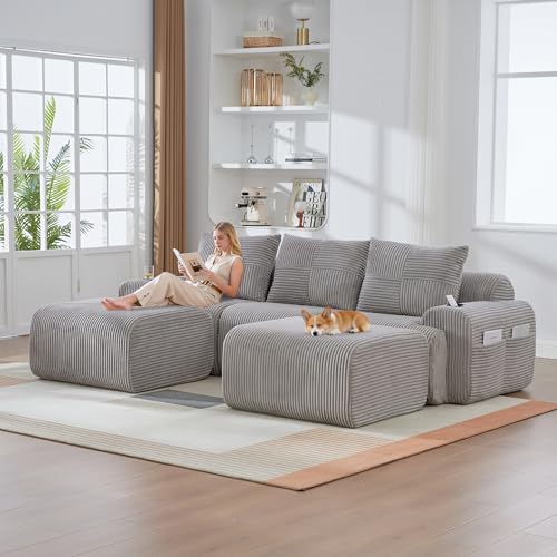 Canapé d'angle convertible 268 cm canapé 5 places avec 2 Porte-gobelets,poches,canapé modulable en velours côtelé en forme de U, canapé compressé pour...