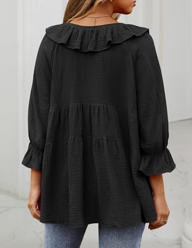 ZESICA Womens Scoop Neck 3/4 Length Sleeve Tops 2025 Casual Tie Front Ruffle Tiered Loose Tunic Shirts Blouses Fall Outfits4