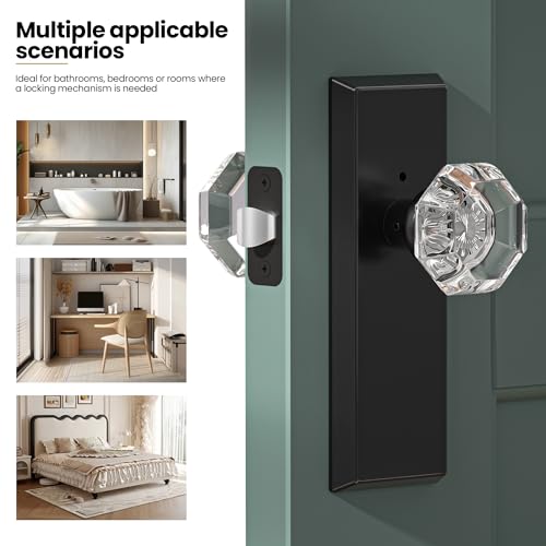 Image of Glass Door Knobs for Interior Doors - Vintage Crystal Privacy Bedroom & Bathroom Door Knob with Lock - Diamond Cut Door Handle - Matte Black Finish (1 Pack 7 Inch Height)