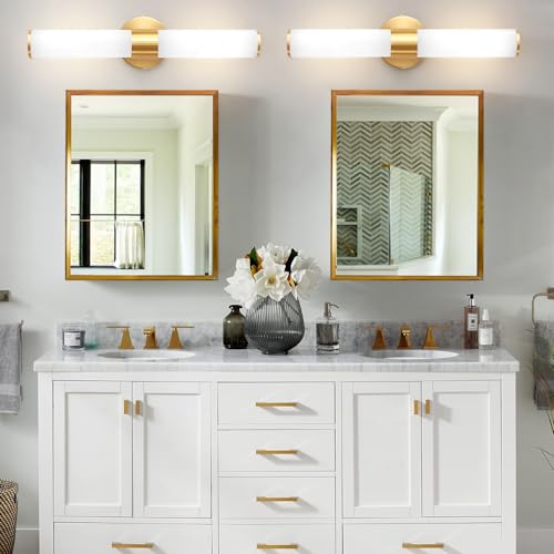 Image of Gold Bathroom Light Fixtures, Vanity Lights for Mirror with Milk Glass Shade, 20 Inch Up and Down Wall Sconces for Bathroom Bedroom Living Room Hallway - Bulb Not Included