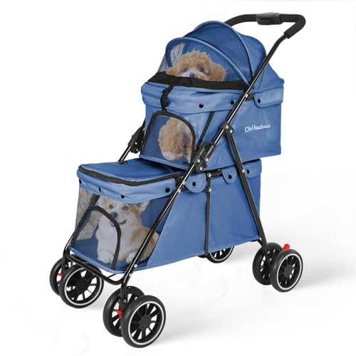 Double Pet Stroller for Dogs and Cats Cat Strollers for 2 Cats Double Dog Stroller for 2 Small Medium Dogs 4 Lockable Wheels/Lightweight/Folding Navy Blue