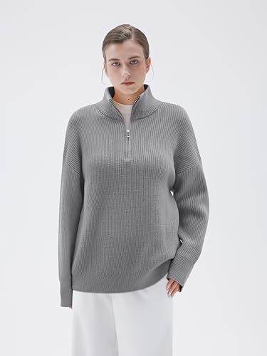 Image of SUUKSESS Women Cashmere Blend Oversized Quarter Zip Pullover Sweater Long Sleeve Collared Ribbed Knit Jumper Tops