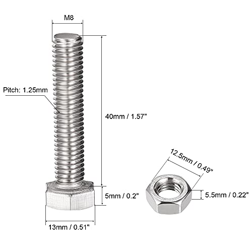 Image of uxcell M8 x 40mm Hex Head Screws Bolts, Nuts, Flat & Lock Washers Kits, 304 Stainless Steel Fully Thread Hexagon Bolts 4 Sets