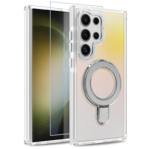 Image of Magnetic for Samsung Galaxy S23 Ultra Case with Stand [Compatible with Magsafe] [Cute Fluorescent Design] [1 Screen Protector] Slim Translucent Matte Case for Galaxy S23 Ultra 6.8 inch, White
