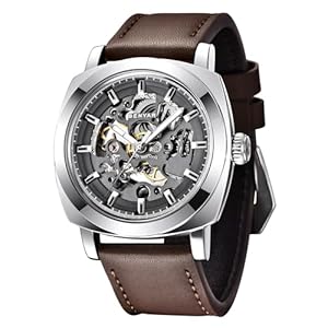 Benyar Automatic Watches for Men | Skeleton Mechanical Leather Strap Mens Watch | 45mm Dial | 30M Waterproof | Men’s Stylish Gift
