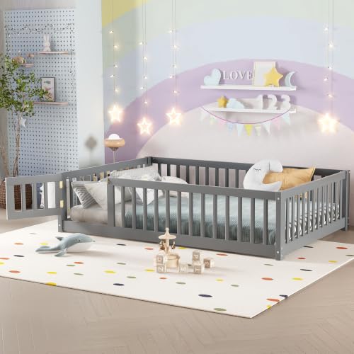 Bellemave Full Size Montessori Bed with High Fence and Guardrail, Solid Wood Floor Bed Frame for Kids Boys Girls, Gray