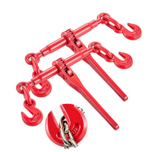 Image of VEVOR 9215LBS 3 /8 inch - 1 /2 inch Ratchet Binders 9,215 LBS Secure Working Load, G70 Hooks and Adjustable Length, for Grade 70-80 Chains, Tie Down, Hauling, Towing, 2-Pack, Red