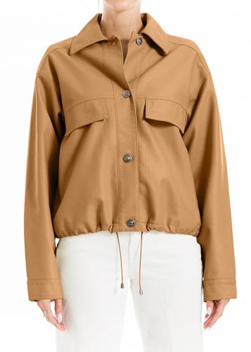 Max Studio Women's Fashion Everyday Casual Long Sleeve Faux Leather Short Outerwear Jacket
