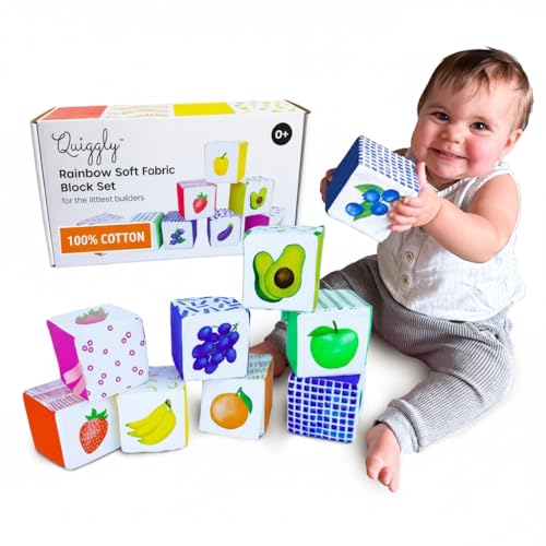 Image of Quiggly Rainbow Soft Baby Blocks - 8 Colorful, Montessori Sensory Blocks for Babies & Toddlers- 100% Cotton, Non-Toxic Play Set with Rattle, Crinkle, Textures- Stacking Building Blocks for 3-12 Months