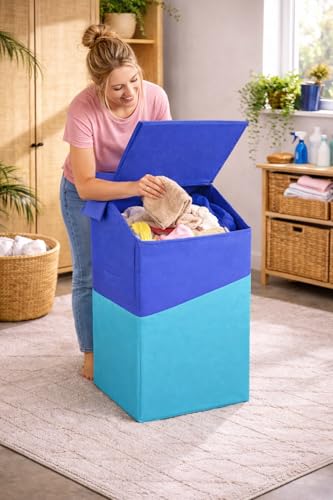 Image of 75L Large Laundry Basket with Lid, Foldable Non-Woven Fabric Clothes Hamper with Durable Handles, Heavy Duty Storage Bag for Bedroom, Bathroom, Nursery & Toys, Space-Saving Organizer (cross blue)