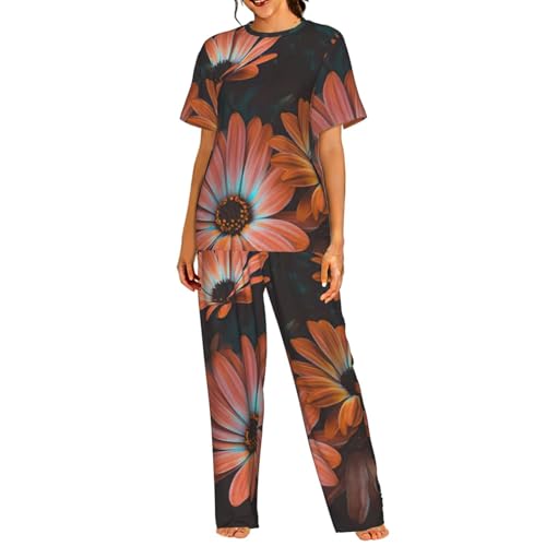 Pyjama manches courtes femme chrysanthème orange ensemble homewear nuit été