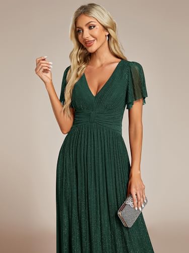 Image of Ever-Pretty Women's V-Neck Glitter Formal Dresses Pleated Short Sleeves Floor Length A-Line Mother of Bride Dress 11961