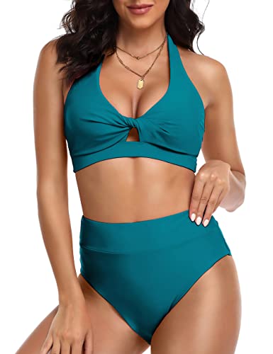 Hilor Conjunto de bikini halter para mujer, traje de ba o de dos piezas de cintura alta, sexy recortado frontal, bikini, Ocean Depths, 48 Cover