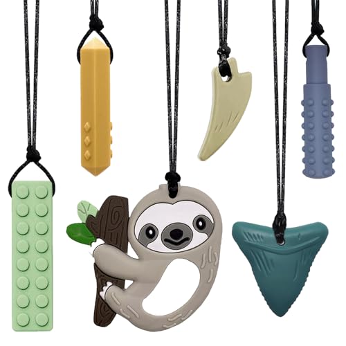 Image of Chew Necklaces for Sensory Kids 6 PCS, Chewy Necklaces Sensory Toys for Boys Girls Children with Autism, ADHD, Anxiety, Oral Motor Stimulation, Silicone Teething Necklace BPA Free