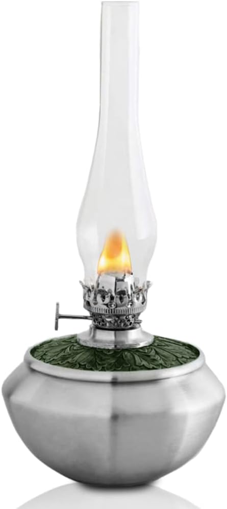 DANFORTHPewter Leaf Medallion Oil Lamp (Green) – Traditional and Vintage Style Oil Lamps for Indoor Use – 8.75” High with Glass Chimney, Made in USA