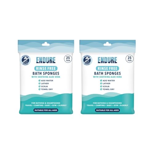 Endure Lot de 25 éponges de bain sans rinçage - Lingettes nettoyantes pour le corps pour le bain - Parfaites pour le camping, les festivals, la salle de...