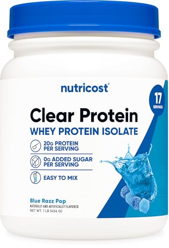 Image of Nutricost Clear Whey Protein Isolate Powder (Blue Razz Pop) 1 LB - 20g Protein Per Serving, Zero Added Sugar, Easy-Mix WPI Drink, Gluten-Free, GMO-Free, 17 Servings