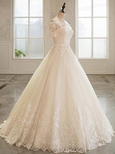 Women's Gorgeous Boat Neck Lace Wedding Dresses for Bride Short Sleeves Tulle Bridal Gown A Line Long Formal Dress3