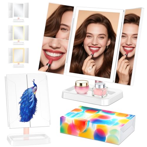 BERTHALESS Makeup Mirror Vanity Mirror with Lights, 1X, 2X, 3X Magnification, 3 Color Lighting,Touch Sensor Dimmable, Light Up Tabletop Cosmetic Mirror