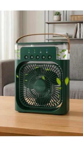 Image of Portable Mini Air Cooler Fan with Water Mist Spray | 3 Wind Speeds | 600ml Tank | 7 Colour LED Light | USB Rechargeable | Desktop Humidifier