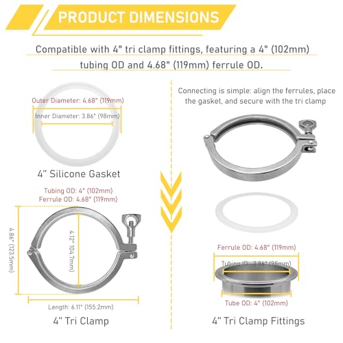 Image of 4 Inch Tri Clamp with Silicone Gasket for 4 inch Single Pin Tri-Clamp Standard Duty TC Fittings Quick Connect Clamps 2 Pack