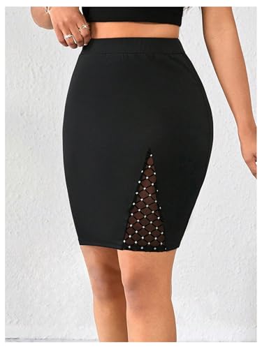 OYOANGLE Women's Pencil Skirt Rhinestone High Waisted Bodycon Work Office Short Skirts4