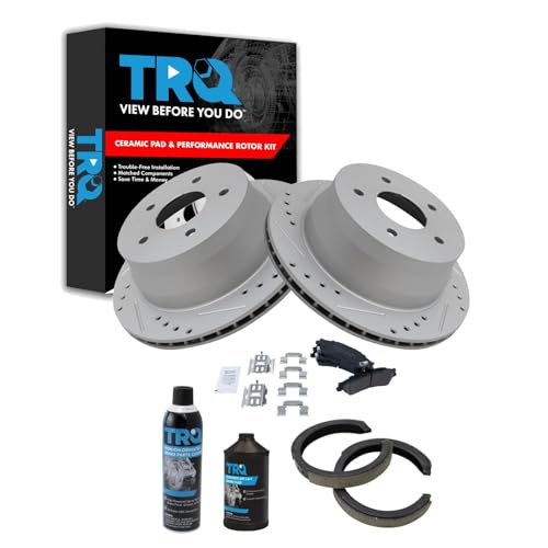 Image of TRQ Rear Ceramic Brake Pad & Performance Rotor with Parking Shoes w /Chemicals
