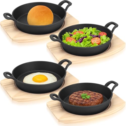 Juego de 4 cuencos de hierro fundido con tabla de madera, sartén pequeña para servir fajitas, tapas de tortilla, sartenes de hierro fundido con 2 asas laterales para hornos de inducción y barbacoa