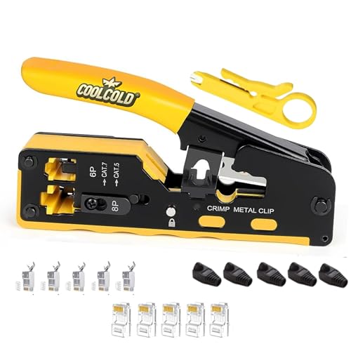 Image of COOLCOLD RJ45 Crimping Tool Kit - Pass Through Ethernet Crimper for Cat7 Cat6 Cat5, Network Cable Crimp Tool for RJ45 RJ11 RJ12 6P 8P STP UTP, with 5 Cat6 & 5 Cat7 Connectors + 5 Boots, LAN Crimper