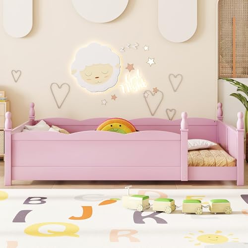 Image of Bellemave Queen Size Montessori Floor Bed Frame with High Fence, Solid Wood Kids Floor Bed with Bookshelf, Low Profile Bed for Boys & Girls, Childlike Design,Pink
