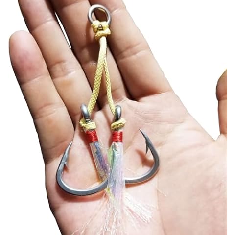 Feianoto 4 Pairs Fishing Double Barbed Jig Hook Kevlar Line 6X Extra Strong Strength Slow Fast Jigging Assist Saltwater Hooks Jigs Lure Circle Hook (9/0) Cover