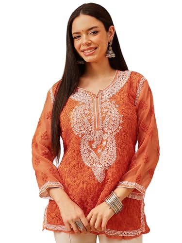 Image of Ada Women's Georgette Regular Fit Chikankari Hand Embroidered Lucknowi Short Top Kurti with Slip A211683