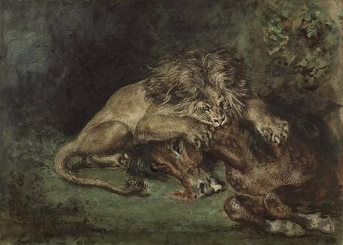 Art mural Lion dévorant un cheval Delacroix tableau de salon 60x90