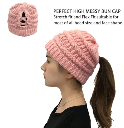 TMTGTS Weiche Brötchen WinterMütze Damen Pferdeschwanz Messy Bun Beanie Tail Knit Slouchy Hat Warme Stretch Zöpfen Loch Loop Slouch Strickmütze für Damen Mädchen Langen Haaren EIN Stücke(1#)